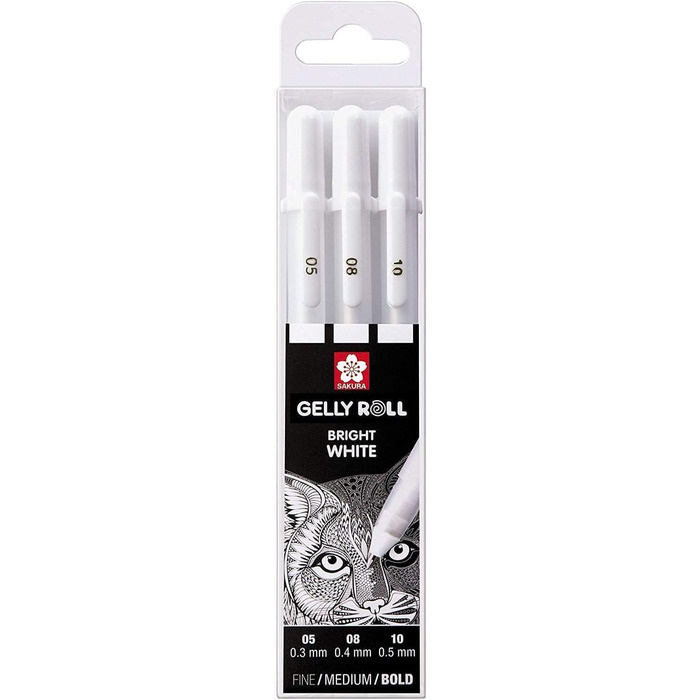 Ручки Bright White в чохлі, Mix-Size 05/08/10 3 шт. и Sakura Gelly Roll Basic, білий 08 ET Pigma Micron Black 05, 3