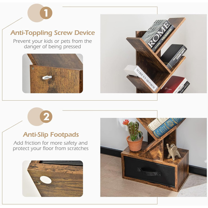 Рівнева книжкова полиця з шухлядою, книжкова полиця/полиця для CD/DVD у формі дерева, окремостояча полиця у формі дерева, перегородка для кімнати/полиця для файлів/полиця для зберігання, дерев&39яна, 38x20x149,5 см, вінтажний коричневий колір, 10-