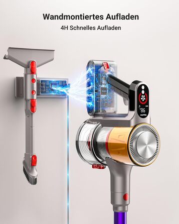 Акумуляторний пилосос, 45000 Па/550 Вт, час роботи 60 хв з настінною зарядкою, ароматична карта, чаша 1,8 л, світлодіодний дисплей