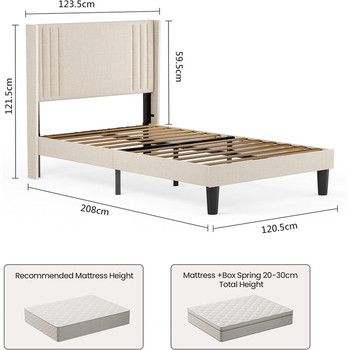 Ліжко Bealife з м&39якою оббивкою 120 x 200 см з рейковою основою міцний каркас ліжка з дерева та металу, м&39яке двоспальне ліжко з узголів&39ям для спальні та дитячої кімнати (бежевий, 120 * 200 см)
