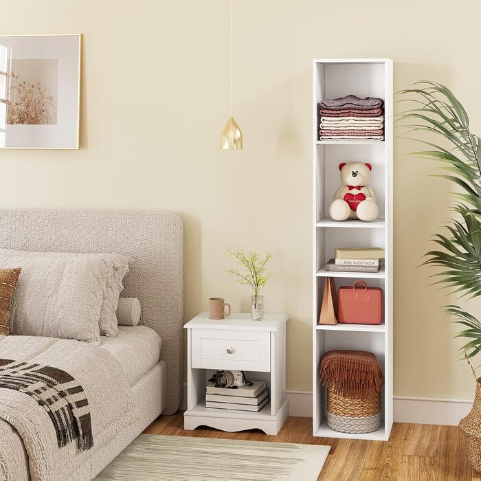 Книжкова полиця WOLTU, відкрита полиця з 5 кубиками, кубічна полиця, роздільник кімнати, полиця для документів, вузька полиця для зберігання, для вітальні, офісу, виготовлена з деревного матеріалу, біла, 30x1526 см, SK034ws 5 полиць (26Г x 30Ш x 151В см) 