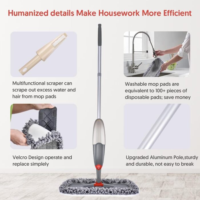 Швабра з функцією розпилення, швабра для підлоги Domi-patrol з функцією розпилення з 3 чохлами з мікрофібри, що миються, швабра-ро