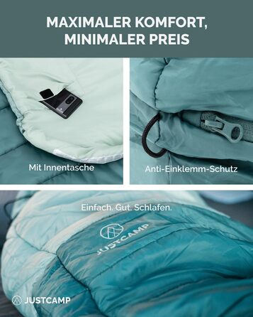 Спальний мішок Justcamp Melvin XXL 4 для дорослих, кемпінговий спальний мішок 3 сезони, м&39ятний