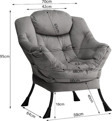 Крісло HollyHOME з відкидною спинкою, Вітальня та спальня, Оксамитове крісло-реклайнер, Крісло для читання, Крісло, Крісло для відпочинку, Темно-сірий, Темно-сірий 2