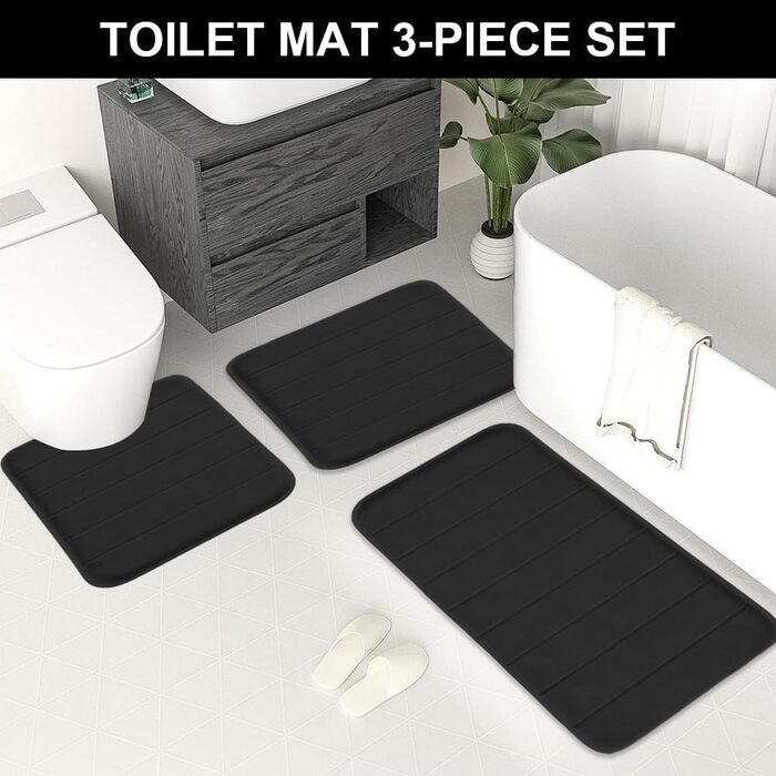 Комплект килимків для ванної кімнати, 3 предмета, килимок для ванної з нековзною підкладкою, м&39який килимок для душу, килимок, що миється та швидко сохне, для душу, туалету та ванни, 50x80 U-подібний 50x60 40x60 см (чорний)