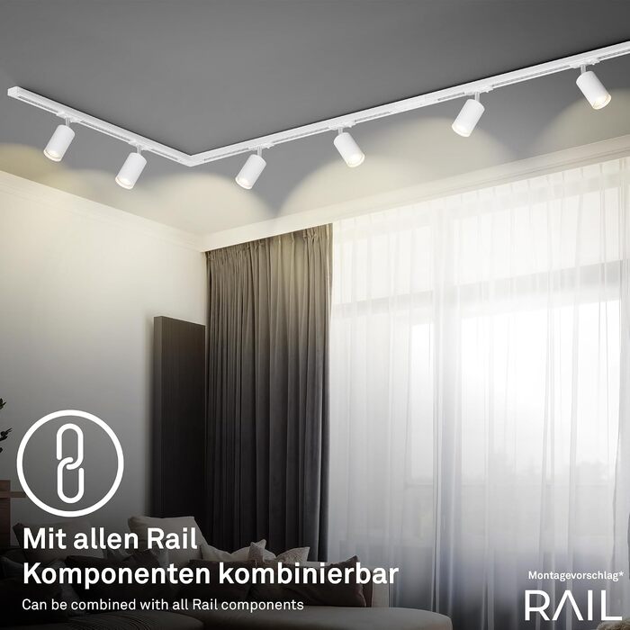 Комплект трекового освітлення BRILONER 6 поворотних спотів GU10, L-подібна шина 2,25 м, білий (набір з 2-х комплектів)