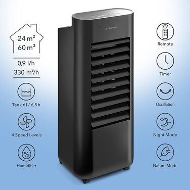 Мобільний повітроохолоджувач TROTEC Aircooler PAE 22, повітроохолоджувач 3 в 1, зволожувач і вентилятор, бак 6 л, випаровуваність 0,9 л/год, 4 швидкості вентилятора, таймер, нічний режим