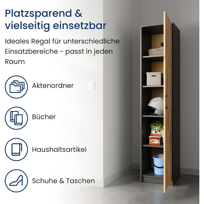 Ярусний стелаж Home Collective з матовим покриттям, шафа для документів з 4 полицями та 1 дверима, шириною 39 см, з високоякісними полімерними ручками, ідеально підходить для спальні, вітальні, коридору, офісу, графітовий дуб, 5-