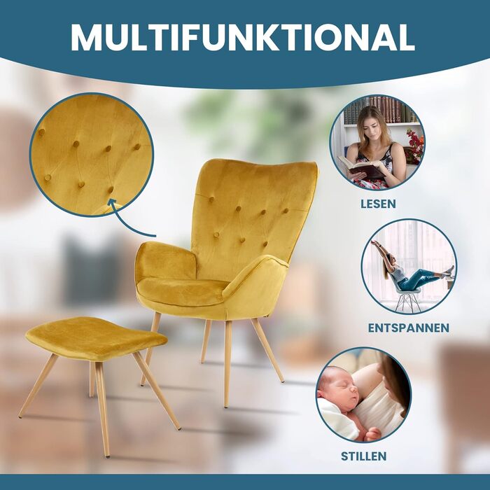 Крісло-гойдалка ALBATROS York з підніжкою Зручне оксамитове крісло та крісло-реклайнер золотого кольору Вінтажне крісло для читання та крісло-ліжко для вітальні Сертифіковане крісло для відпочинку SGS