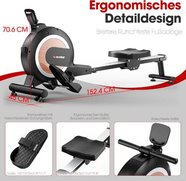 Домашній гребний тренажер Wenoker, магнітний гребний тренажер із застосунком та РК-дисплеєм, 32 рівні опору, тихий домашній гребний тренажер для кардіотренувань, вантажопідйомність 160 кг, вертикальне зберігання