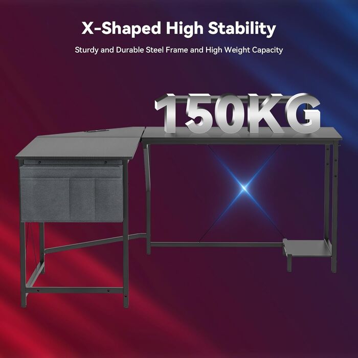 Ігровий стіл L-подібної форми 160x135 см - кутовий стіл з підставкою для монітора та відділенням для зберігання 2 розетки 2 USB-порти комп&39ютерний стіл