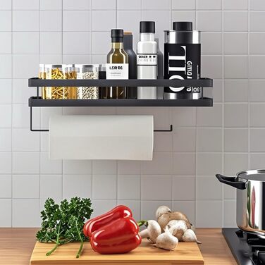 Настінна полиця для спецій, кухонна полиця без свердління, настінна полиця для кухні з 4 гачками та тримачем для кухонних пакунок для кухні, ванної кімнати, комода, полиці для спецій тощо