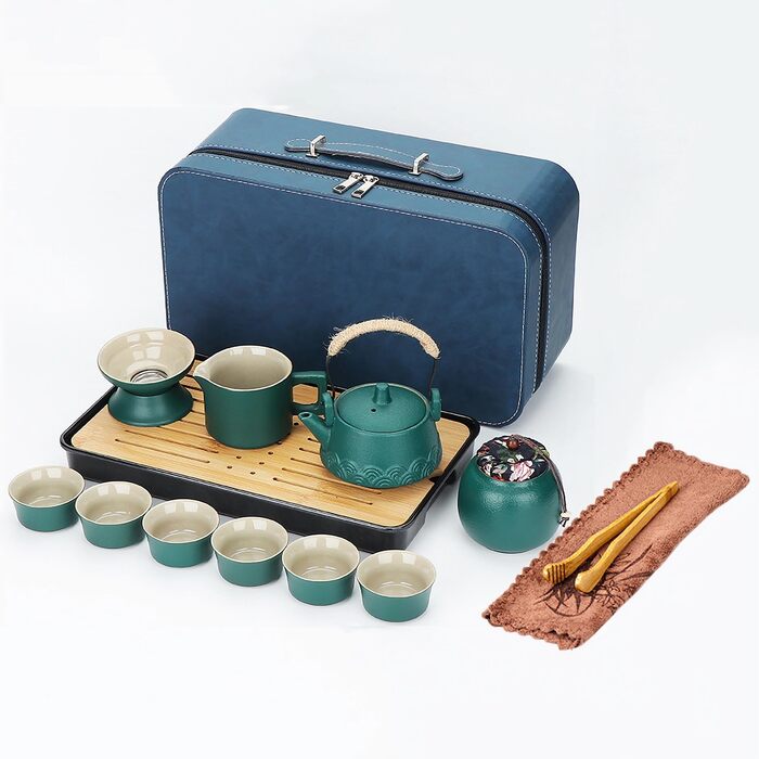 Китайський чайний сервіз з ситечком, порцеляновий набір для чаювання на 6 чашок, з ручкою з конопляного канату для розсипного чаю, ідеальний подарунок для поціновувачів чаю, зелений колір