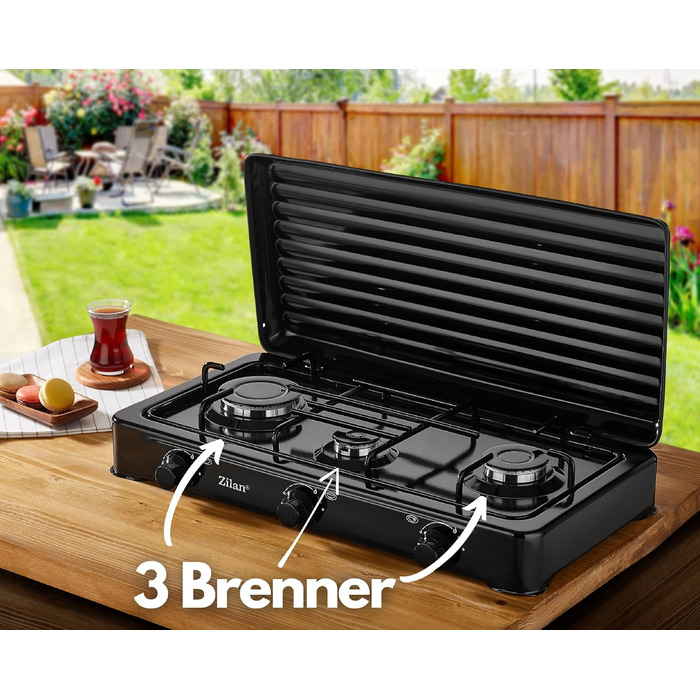 Газова плита Zilan 3 конфорки 30/50 мбар підходить Кемпінгова піч Варильна поверхня Газова плита Газова варильна поверхня Газ пропан Знімна кришка 3 Фламміг Кабуретка