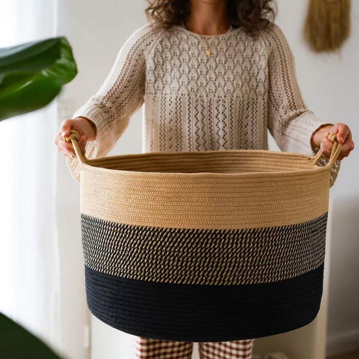 Кошик для зберігання HMF з ручками у формі щасливого вузла, великий бавовняний кошик 50 x 33 см Чорно-медовий