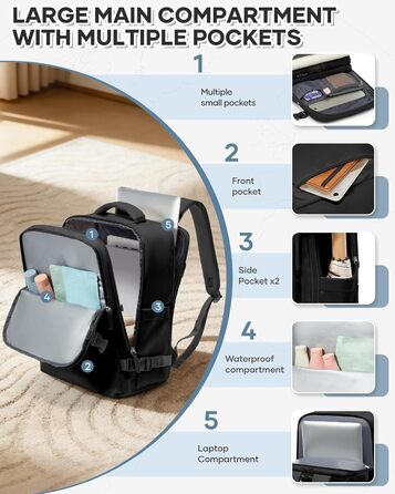 Вакуумний рюкзак BJLFS, ручна поклажа Ryanair 40x30x20, великий дорожній рюкзак, ручна поклажа для літака, рюкзак з подушкою безпеки та вакуумним насосом, сумка для літака з вакуумною системою, ручна поклажа для 14-дюймового ноутбука A01-чорний Ryanair/Wi