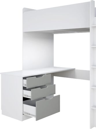 Дитяче ліжко-горище Shefa з письмовим столом - компактне ліжко-горище 5-в-1 для дітей зі сходами, шафою, полицею та робочою зоною - сірого кольору, вантажопідйомність до 90 кг, розміри 206 x 107 см