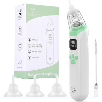 Електричний дитячий назальний аспіратор, дитячий назальний аспіратор з 3 силіконовими насадками та 3 рівнями всмоктування, акумуля