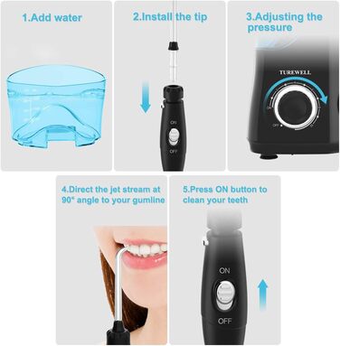 Електричний іригатор для ротової порожнини, професійний з 10 рівнями регулювання тиску води, резервуаром на 600 мл та 8 багатофункціональними насадками (Чорний)
