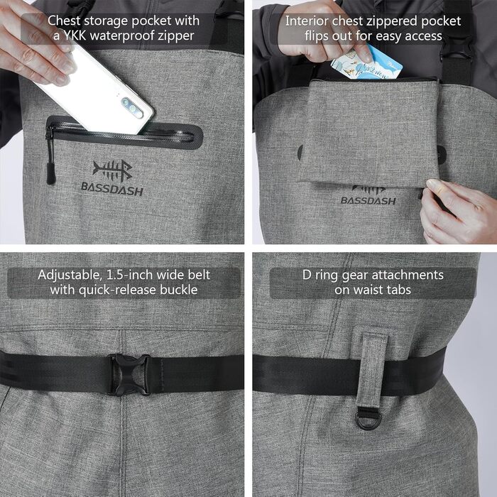 Вейдерси Bassdash 3D Angler&39s, надміцні чорні картаті нейлонові ПВХ рибальські мисливські вейдерси для чоловіків, сірі, XL, довгі 11-12 футів