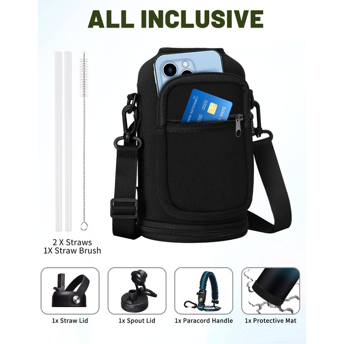 Ізольована пляшка для води з соломинкою - 1,8-літрова колба-термос з нержавіючої сталі з соломинкою для носика, кришкою, паракордо