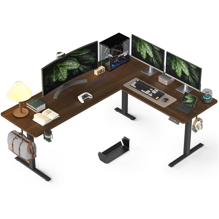 Подібний електричний стіл з регульованою висотою, 190 x 150 см, кутовий стіл, регульована висота, комп&39ютерний стіл з можливістю роботи сидячи та стоячи з органайзером для кабелів для офісу, ігровий, чорний горіх, 190 x 150 см