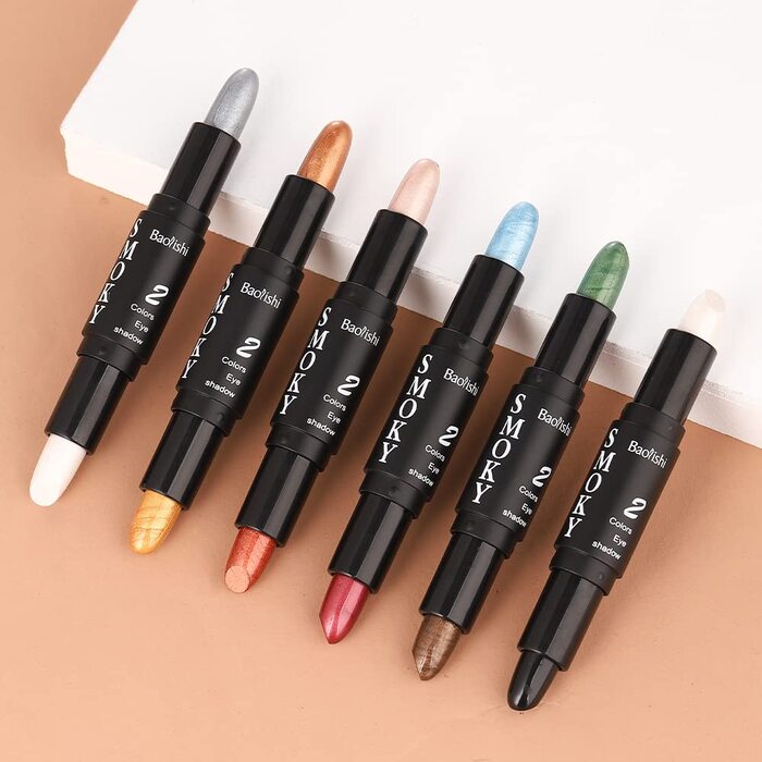 Блискучі тіні для повік, 6 кольорів, водостійкі тіні для повік-стік як підводка для очей та хайлайтер - металеві та перламутрові тіні для повік-стік, стійкі та кремові для ідеального макіяжу очей