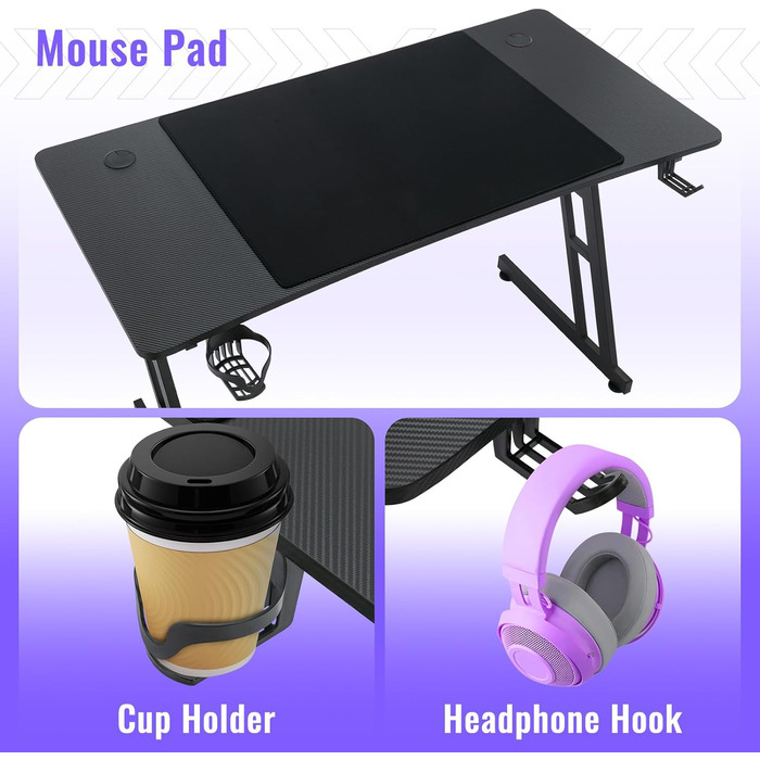 Ігровий стіл, ігровий стіл 120x60 см, комп&39ютерний стіл з підставкою для чашок та гачками для навушників, ергономічний ігровий стіл, Z-подібний ігровий стіл для дому та офісу