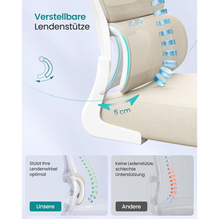 Офісне крісло SONGMICS, стілець для столу, ергономічне сітчасте крісло, з двошаровою сітчастою тканиною, повітропроникне, адаптивна поперекова підтримка, регульований підголівник, для домашнього офісу, пісочно-бежевий OBN041L01 Пісочно-бежевий подвійна сп