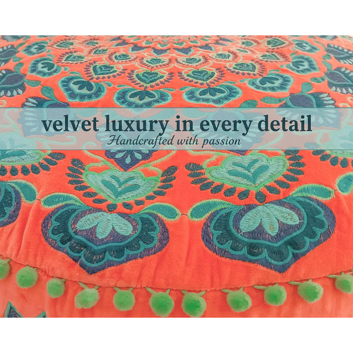 Бірюзовий круглий пуф-пуф з оксамитовою вишивкою Мяка вишита підлогова подушка з марокканським візерунком, діаметром 60 см, ідеально підходить для вітальні, спальні або кімнати для медитації. Бірюзовий колір 59Г x 59Ш x 20В см