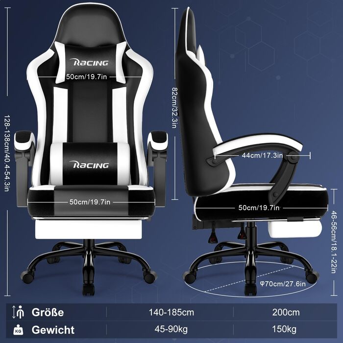 Ігрове крісло, ергономічне ігрове крісло з регульованими подушками для поперекової та підголівникової опори, ігрове крісло з підставкою для ніг, ігрове крісло вантажопідйомністю до 150 кг, біле з колесами з поліуретану