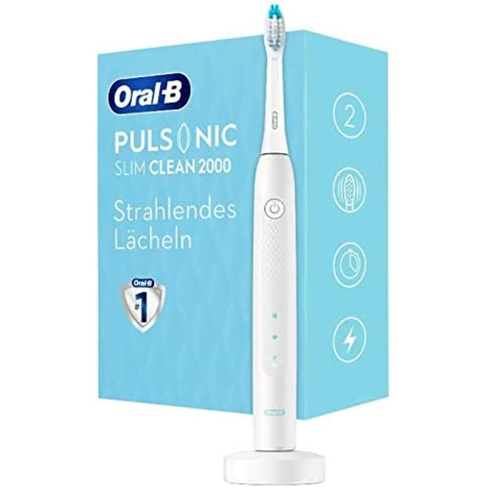 Електрична звукова зубна щітка Oral-B Pulsonic Slim Clean 2000, 2 режими чищення для догляду за зубами та здорових ясен із таймером, подарунок для чоловіків/жінок, дизайн Braun, білий