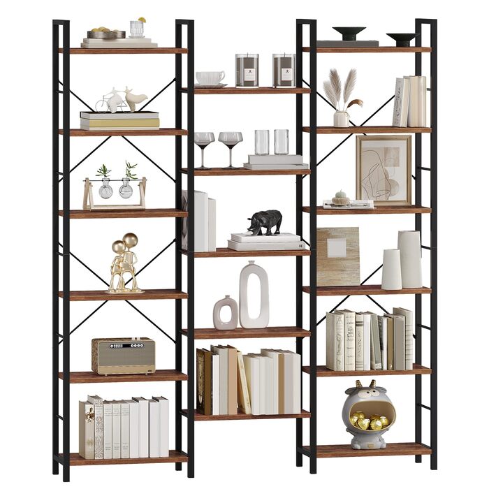 Книжкові полиці Hzuaneri, окремостоячий стелаж, полиця з 17 полицями, 6 ярусів, регульована відстань, 24 x 152 x 186 см, вантажопідйомність 340 кг, вітальня, офіс, вінтажний коричнево-чорний BC10101B
