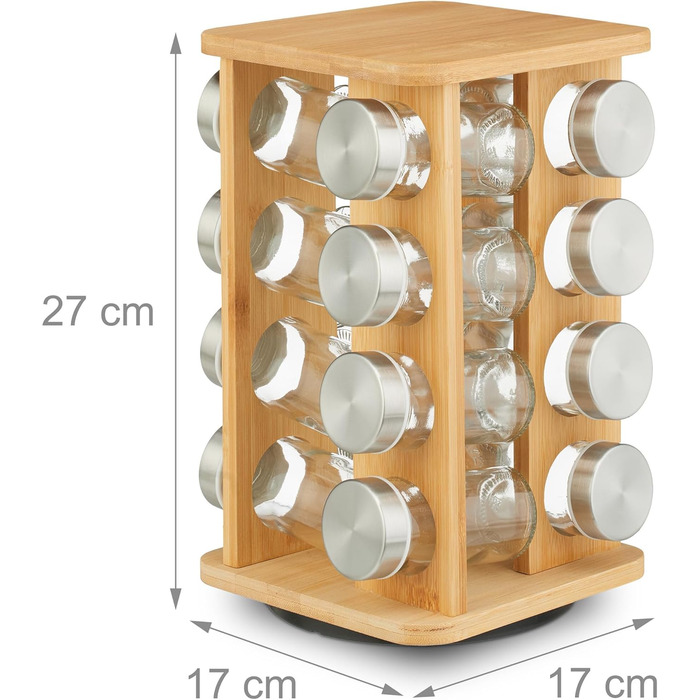 Карусель для спецій Relaxdays, 16 баночок для спецій, підставка для спецій, що обертається на 360, ВШ 27 x 17 x 17 см, підставка для спецій з бамбука, натуральний колір