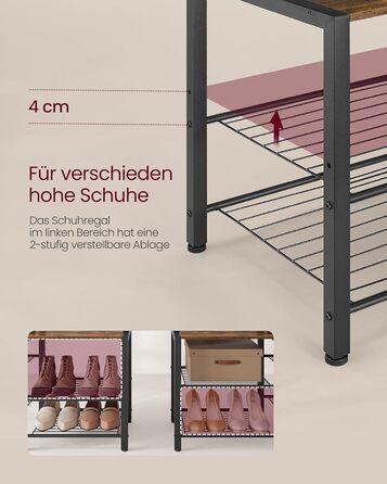 Вішалка для пальто VASAGLE з лавкою для взуття, шафа, 5 полиць з ДСП, 9 потрійних гачків, 6 бічних гачків, 40 x 120 x 190 см, вінтажний коричневий-чорний HSR426B01 Вінтажний коричневий чорнильний