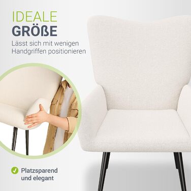 Крісло-підлокото Juskys Odense без пуфа, реклайнер з тканиною букле, скандинавський стиль, висока спинка та оббивка, сталевий каркас бежевий букле - бежевий без пуфа