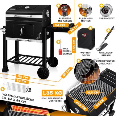 Вугільний гриль KESSER BBQ Smoker XL з кришкою, колесами, ручкою з нержавіючої сталі, термометром, решіткою для гриля, щіткою, кришкою, 8 шампурами з пакетом і силіконовою щіткою, окремо стоячим грилем, візком для вугільного гриля