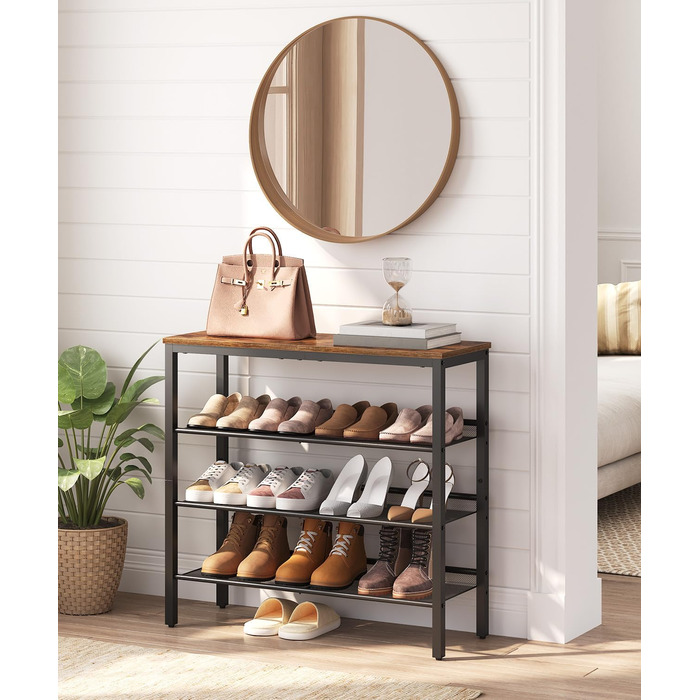 Взуттєва полиця HOOBRO, 4 полиці для взуття, шафа для взуття, регульована металева сітчаста полиця, містка верхня частина, для 12-15 пар взуття, вхід, коридор, індустріальний стиль, вінтажний коричнево-чорний EBF42XJ01 темно-коричневий чорний 75 x 30 x 69