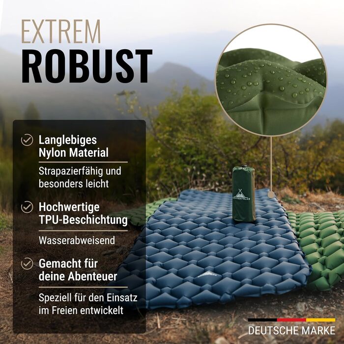 Надувний килимок для сну WANDERFALKE 550 г, ультралегкий - (XL ширина 66 см) - кемпінговий матрац з невеликим розміром упаковки для активного відпочинку, кемпінгу, піших прогулянок та велотуризму, зелений
