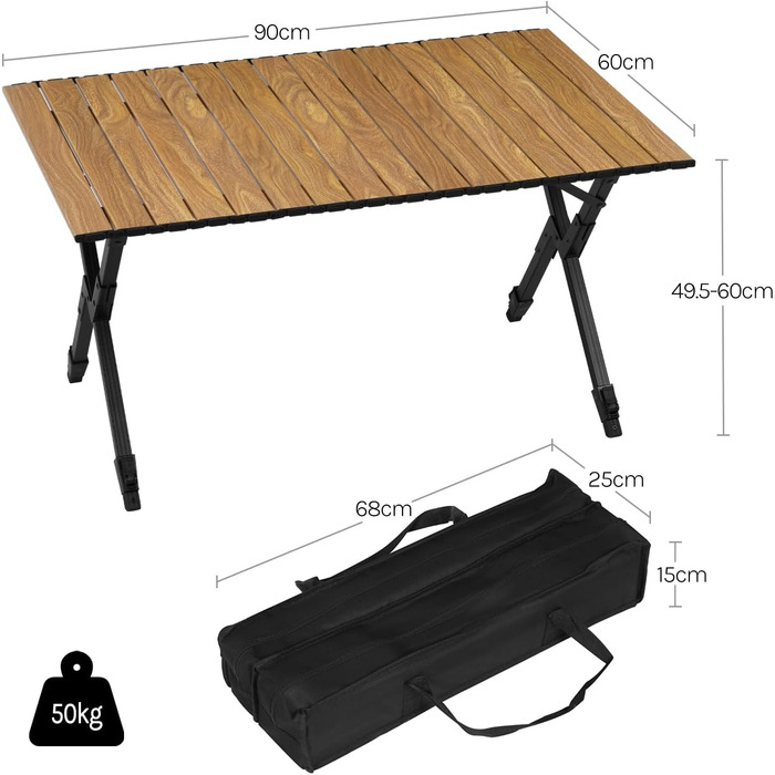 Складаний кемпінговий стіл WOLTU, легкий алюмінієвий складаний стіл, невеликий садовий стіл, регульований по висоті пікніковий стіл, з сумкою для зберігання, вантажопідйомність 50 кг, стіл для балкону або саду, дерев&39яний вигляд