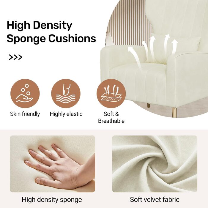 Крісло-рекордер/односпальний диван/крісло під телевізор/крісло-підголовник з підголівником та золотистими металевими ніжками, оксамит, до 130 кг, спальня, вітальня, бежевий, комплект з