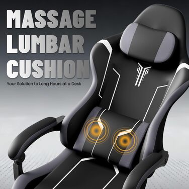 Ергономічне ігрове крісло зі штучної шкіри з функцією масажу, ігрове крісло з висувною підставкою для ніг, зручне офісне крісло/комп&39ютерне крісло з вантажопідйомністю 135 кг для домашнього офісу, чорно-біле.