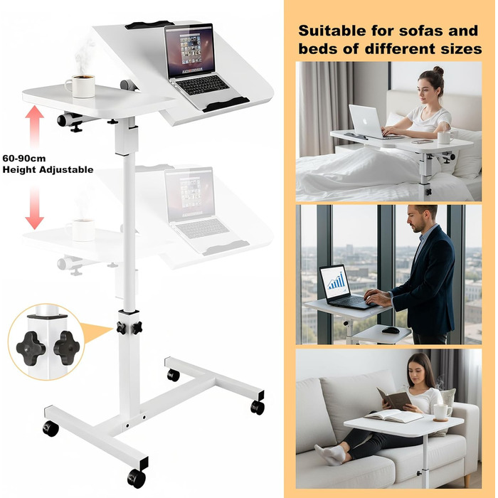 Мобільний столик для ліжка на колесах, регульована висота бічного столика 60-90 см та кут нахилу, столик для догляду за ліжком, столик для ноутбука, столик для дивана на колесах, столик для стояння зі звукоізоляцією (білий)