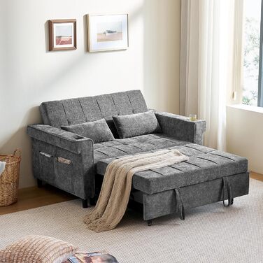 Розкладний диван LINSY HOME 3-в-1, 2-місний диван з функцією сну, розкладний диван-ліжко з шенілу з подушками, бічною кишенею та підставкою для чашок - спальне місце 120 x 190 см сірого кольору 120 x 190 см