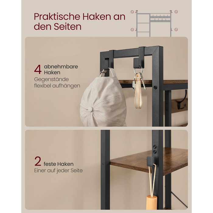 Вішалка для пальто VASAGLE з лавкою для взуття, шафа, 5 полиць з ДСП, 9 потрійних гачків, 6 бічних гачків, 40 x 120 x 190 см, вінтажний коричневий-чорний HSR426B01 Вінтажний коричневий чорнильний