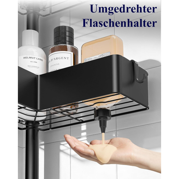 Кутова полиця для душу Kitsure з телескопічною стійкою, регульована по висоті, металеві кошики, монтаж без свердління, висота 87-290 см, ширина 24.6 см, чорний колір (24.6 x 24.6 x 290 см)