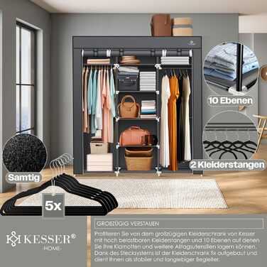 Тканинна шафа KESSER, міцна з вішалкою для одягу та полицями, вкл. 5 вішалок для одягу, тканинна складна шафа для спальні, гардеробна з вішалкою для одягу, 150x45x175 см, антрацит