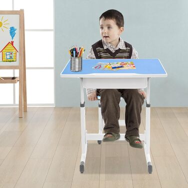 Дитячий письмовий набір, дитячий стіл з регульованою висотою (стіл 64-76 см, стілець 36-42 см), стіл з гачками, шухлядою та лотком для ручок для дітей віком 3-18 років, навчання письму та малюванню (синій, білий)