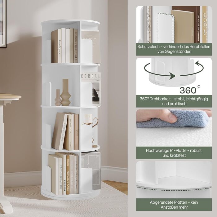 Поворотна книжкова полиця на 360 градусів, 4 яруси, 16 відділень, стояча полиця, поворотна полиця, офісна полиця, декоративна полиця, полиця для зберігання, для вітальні, спальні, офісу, дитячої кімнати, біла, 44xH127,4 см 0044SHG 44 x 127,4 см ( x h) біл