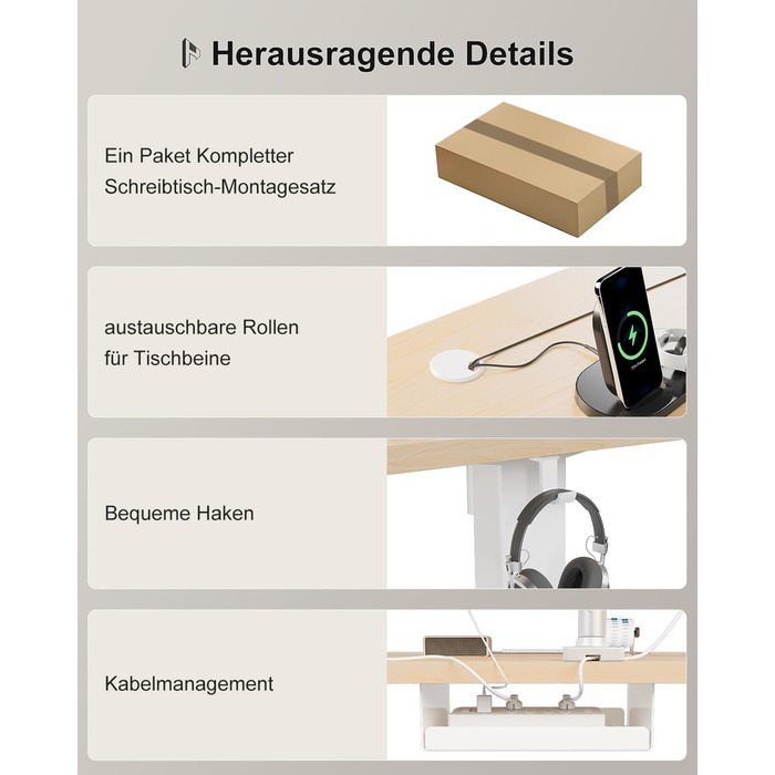 Стіл Homall з регульованою висотою 140x70 см з портом зарядки USB-A, електричний стіл з лотком для кабелів, стіл для роботи стоячи з 3 функціями пам&39яті, комп&39ютерний стіл бежевий 140x70 см білий бежевий
